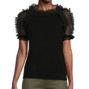 SIONI Black Mixed Media Mesh & Ruffle
Short Sleeve Roundneck Top Sweater XL